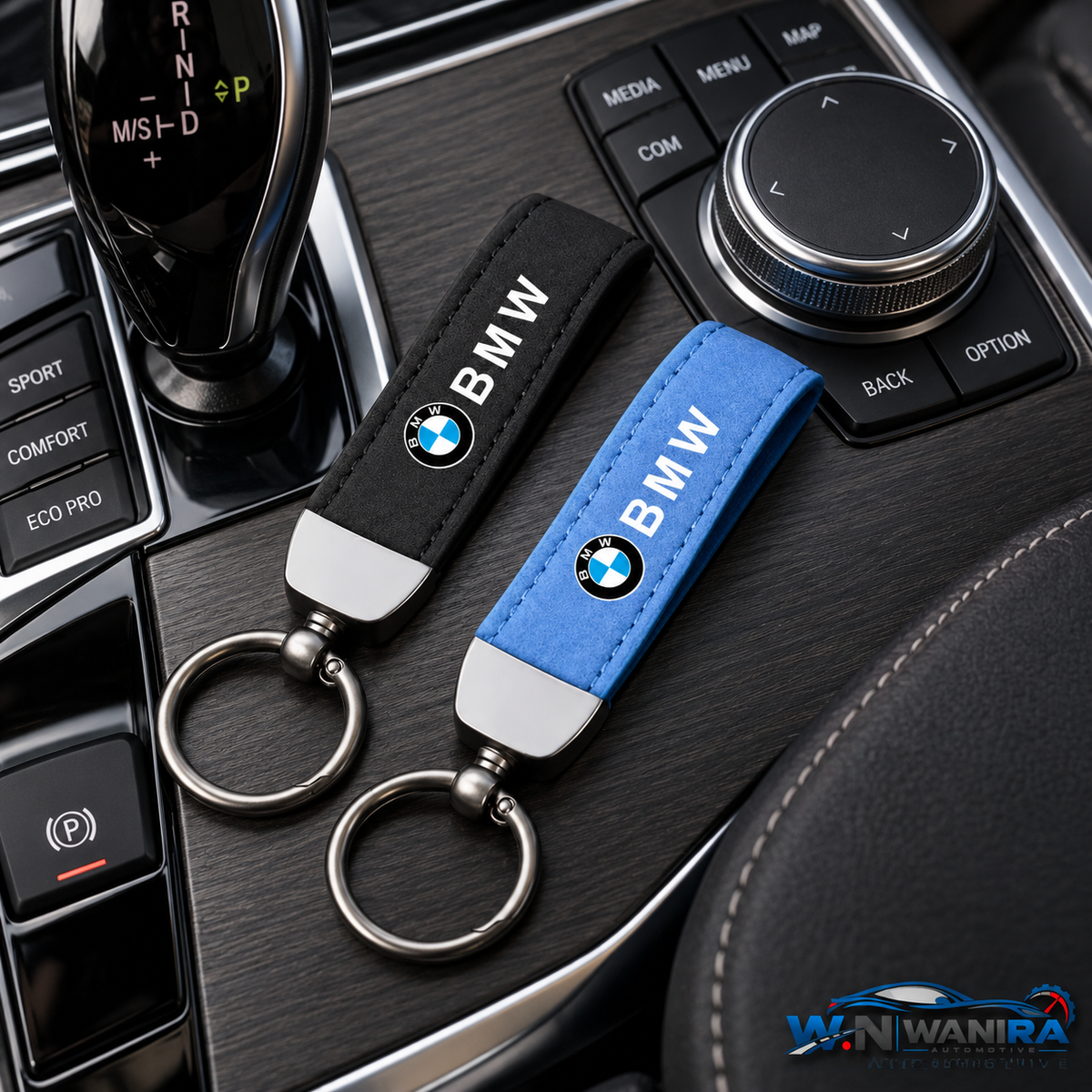 BMW Premium Suede-Style Car Keychain – Black & Blue