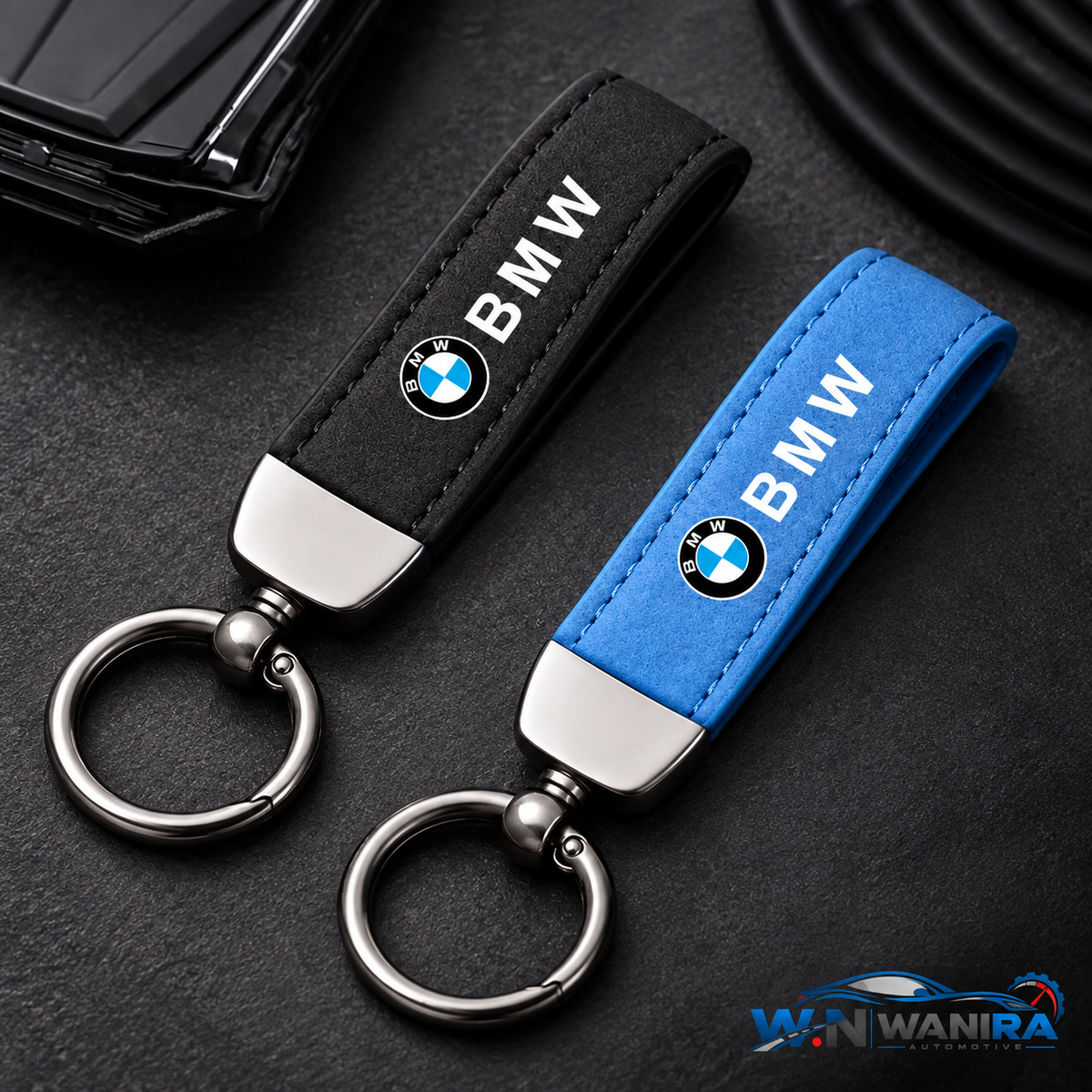 BMW Premium Suede-Style Car Keychain – Black & Blue