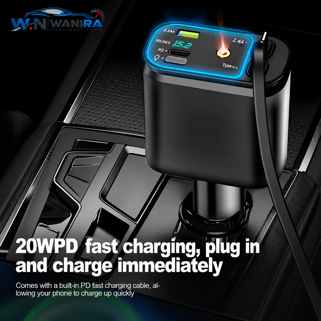 150W 5-in-1 Retractable Car Charger – USB-C & Lightning