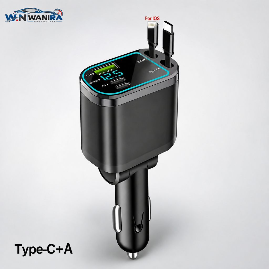 150W 5-in-1 Retractable Car Charger – USB-C & Lightning