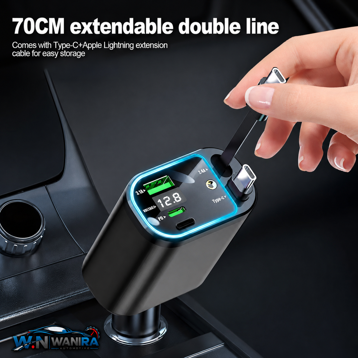 150W 5-in-1 Retractable Car Charger – USB-C & Lightning