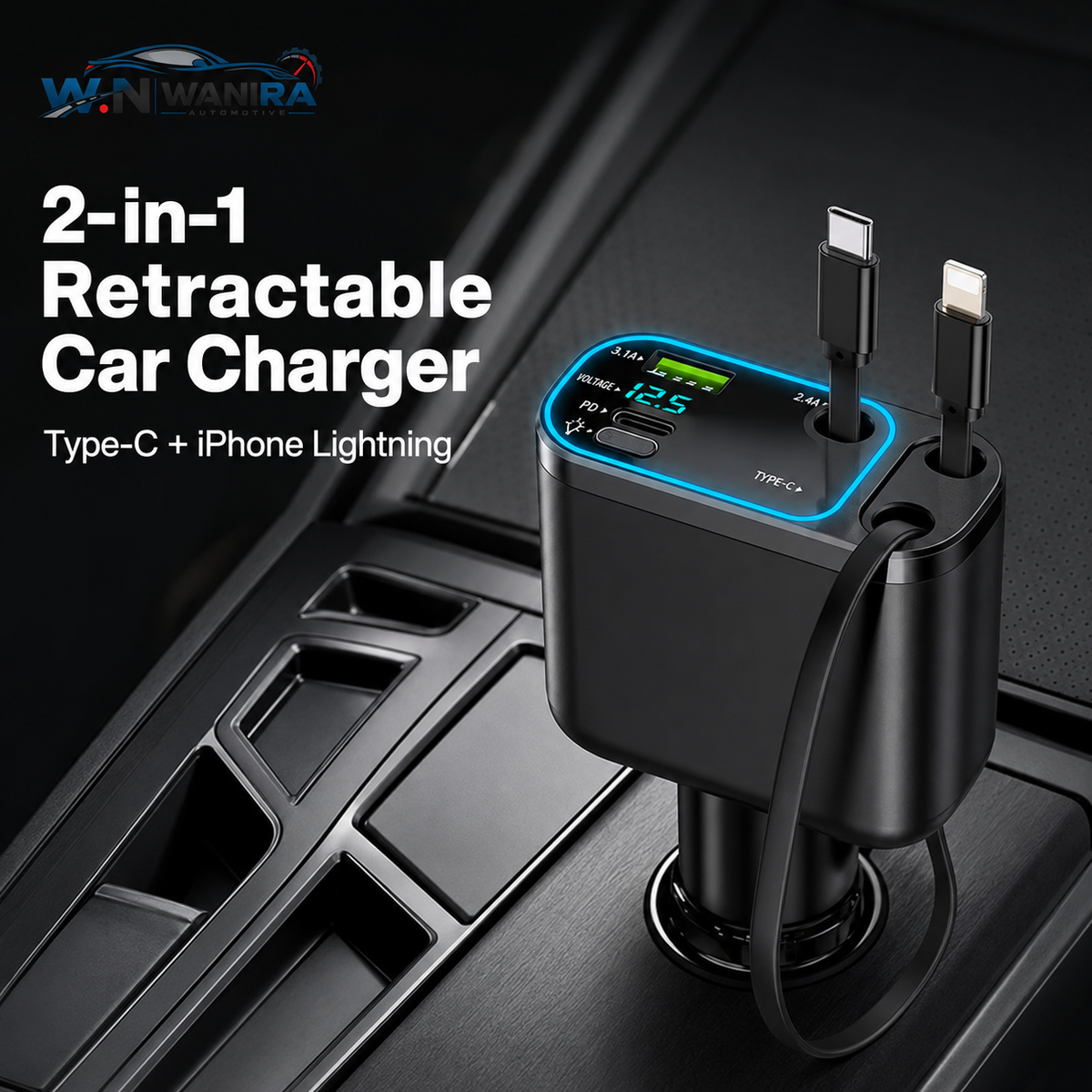 150W 5-in-1 Retractable Car Charger – USB-C & Lightning