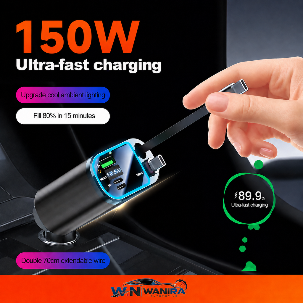 150W 5-in-1 Retractable Car Charger – USB-C & Lightning