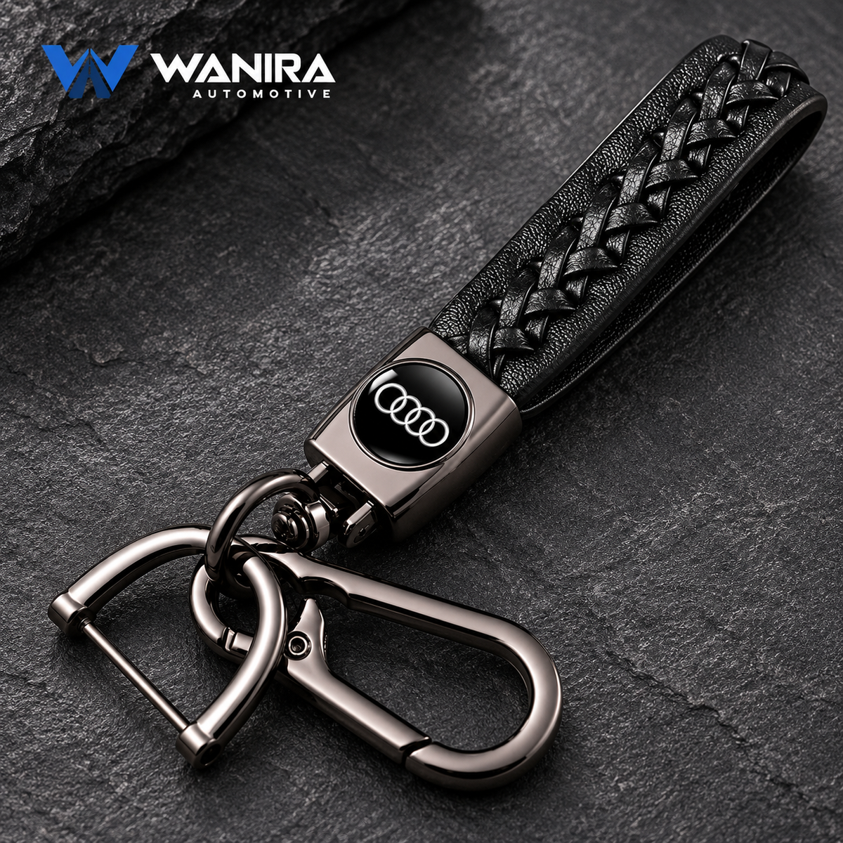WANIRA black braided car keychain with four-ring emblem, photo 1
