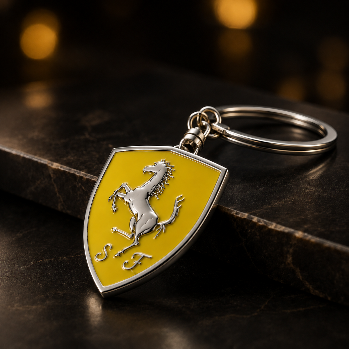 Yellow shield horse emblem keychain on dark surface