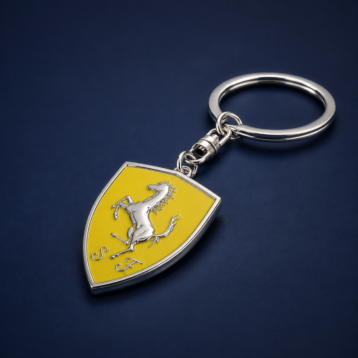 Yellow shield horse emblem keychain angle